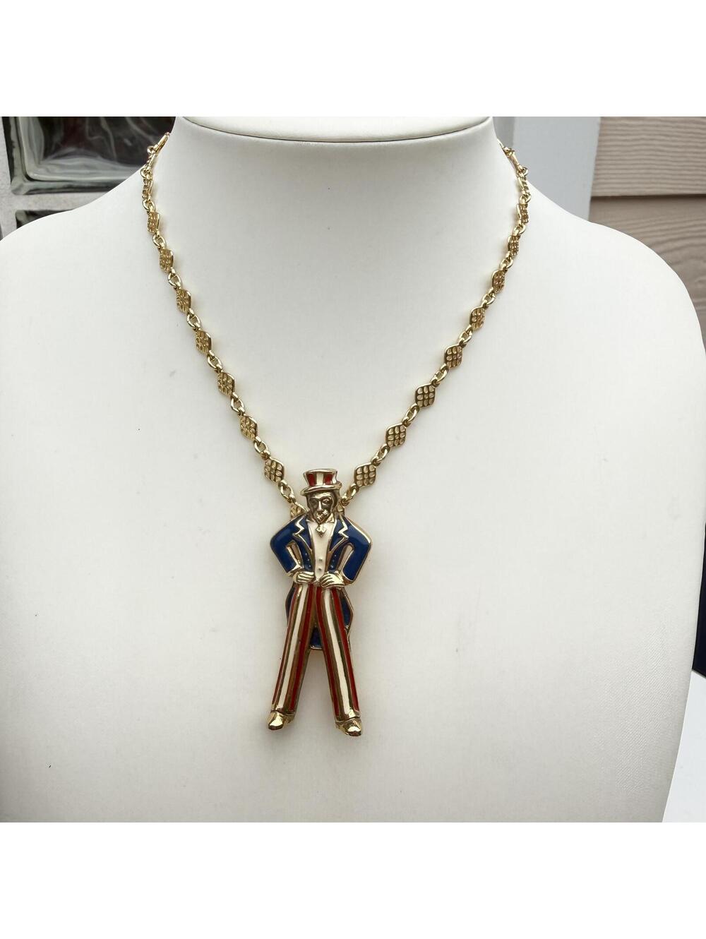Vintage Uncle Sam Necklace. Patriotic Statement Pendant Red White Blue Enamel